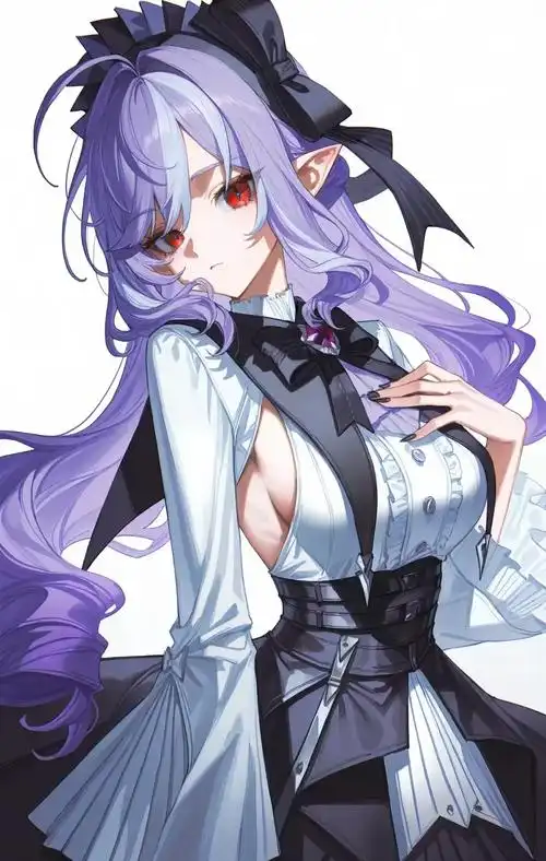 迷妹漫画 紫发长发少女黑色女仆装红色眼睛白色背景动漫插画